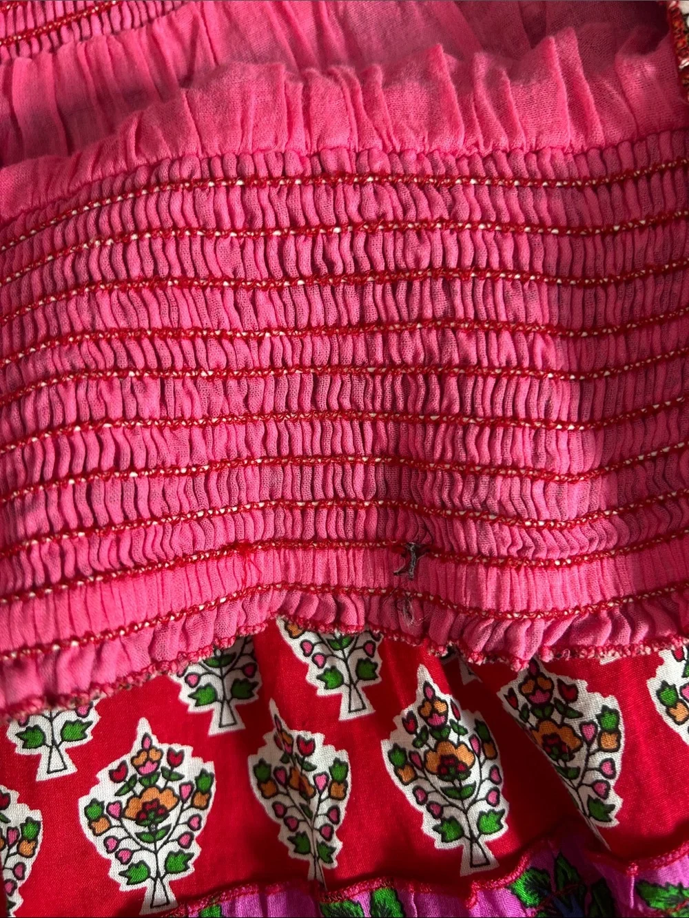 Bohemian Cotton Pink Floral Tiered Maxi Skirt size L ruched waist lined